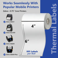 4" x 6" Zebra Mobile Printer Labels - (3/4 core) 105 Labels Per Roll - 24 Rolls